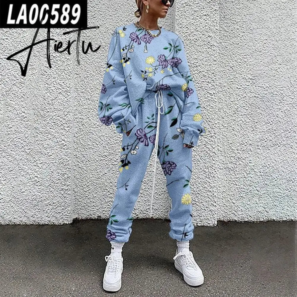 Fall Winter Tracksuits Women Two Piece Set Floral Print Sport Outfits Casual Sweatshirt+Pants Women Sweat Suit Lady Girls Aiertu