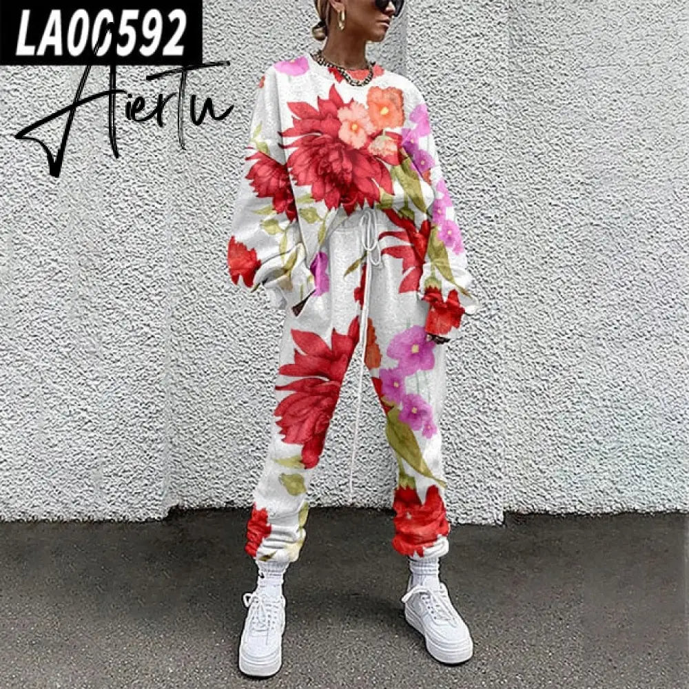 Fall Winter Tracksuits Women Two Piece Set Floral Print Sport Outfits Casual Sweatshirt+Pants Women Sweat Suit Lady Girls Aiertu