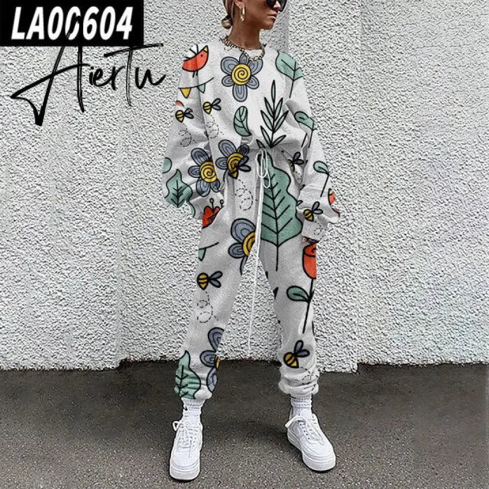 Fall Winter Tracksuits Women Two Piece Set Floral Print Sport Outfits Casual Sweatshirt+Pants Women Sweat Suit Lady Girls Aiertu