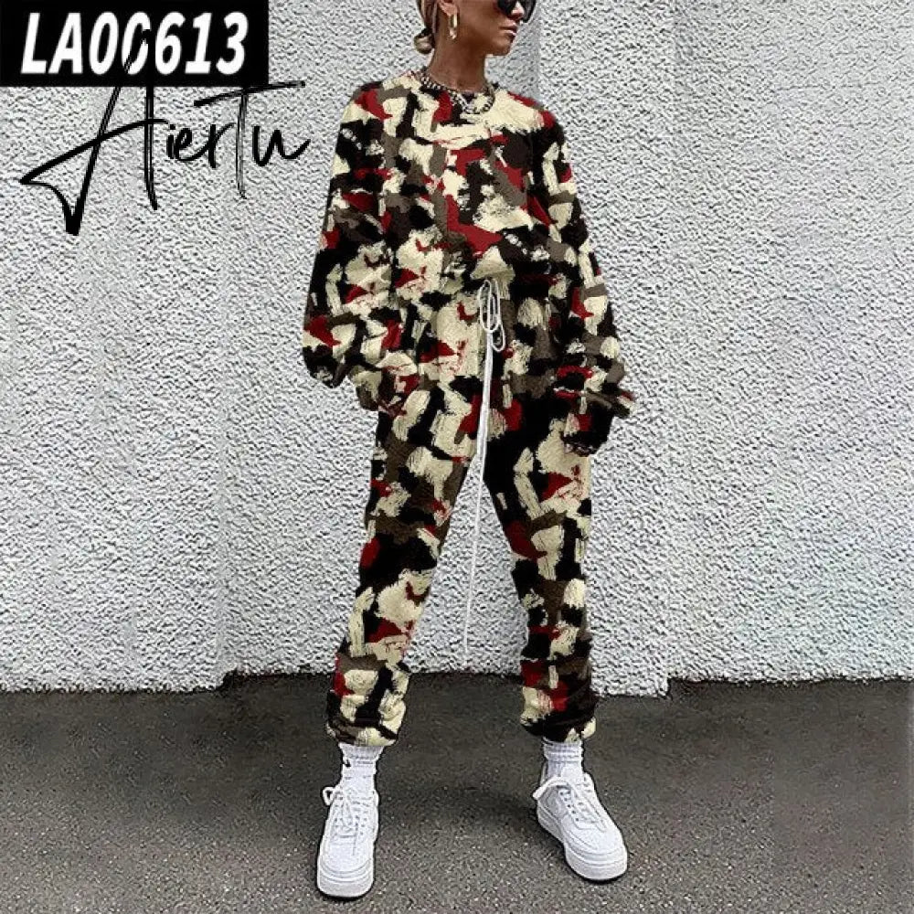 Fall Winter Tracksuits Women Two Piece Set Floral Print Sport Outfits Casual Sweatshirt+Pants Women Sweat Suit Lady Girls Aiertu