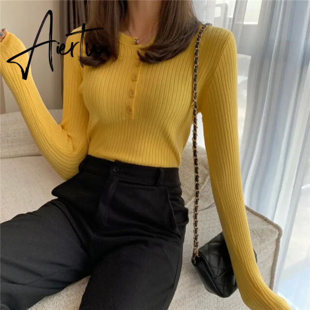 Fall Women Clothes Solid Slim Base Sweater Pull Femme Autumn Knitted Tops Female Pullovers Korean Style Women's Blouse Aiertu