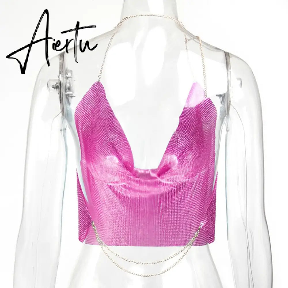 Fantoye Sexy Backless Nightclub Halter Women Camis Tops Gold Metal Chain Fashion Camis Tops Ladies Autumn Skinny Party Clubwear Aiertu