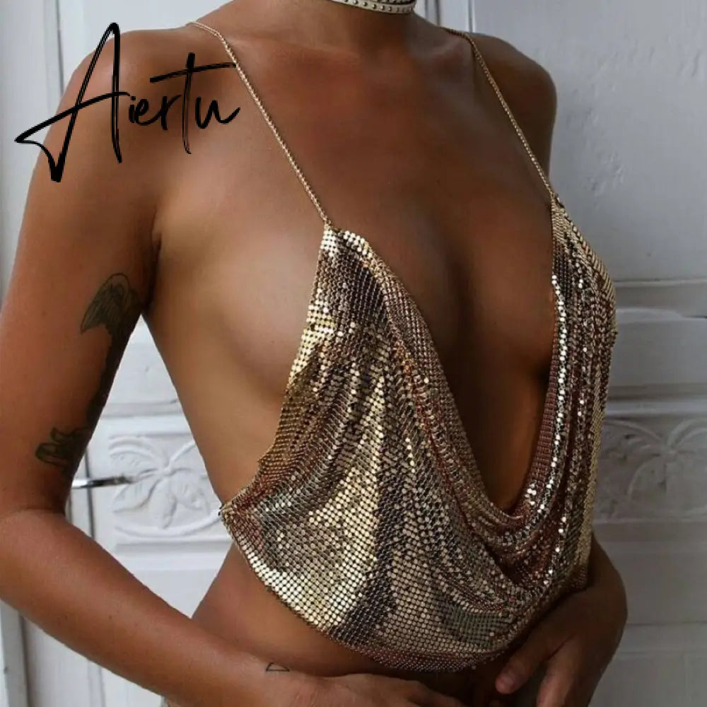 Fantoye Sexy Backless Nightclub Halter Women Camis Tops Gold Metal Chain Fashion Camis Tops Ladies Autumn Skinny Party Clubwear Aiertu