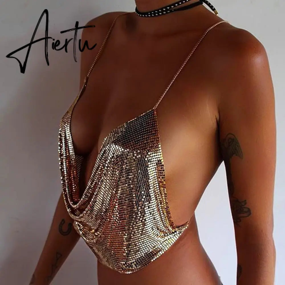 Fantoye Sexy Backless Nightclub Halter Women Camis Tops Gold Metal Chain Fashion Camis Tops Ladies Autumn Skinny Party Clubwear Aiertu