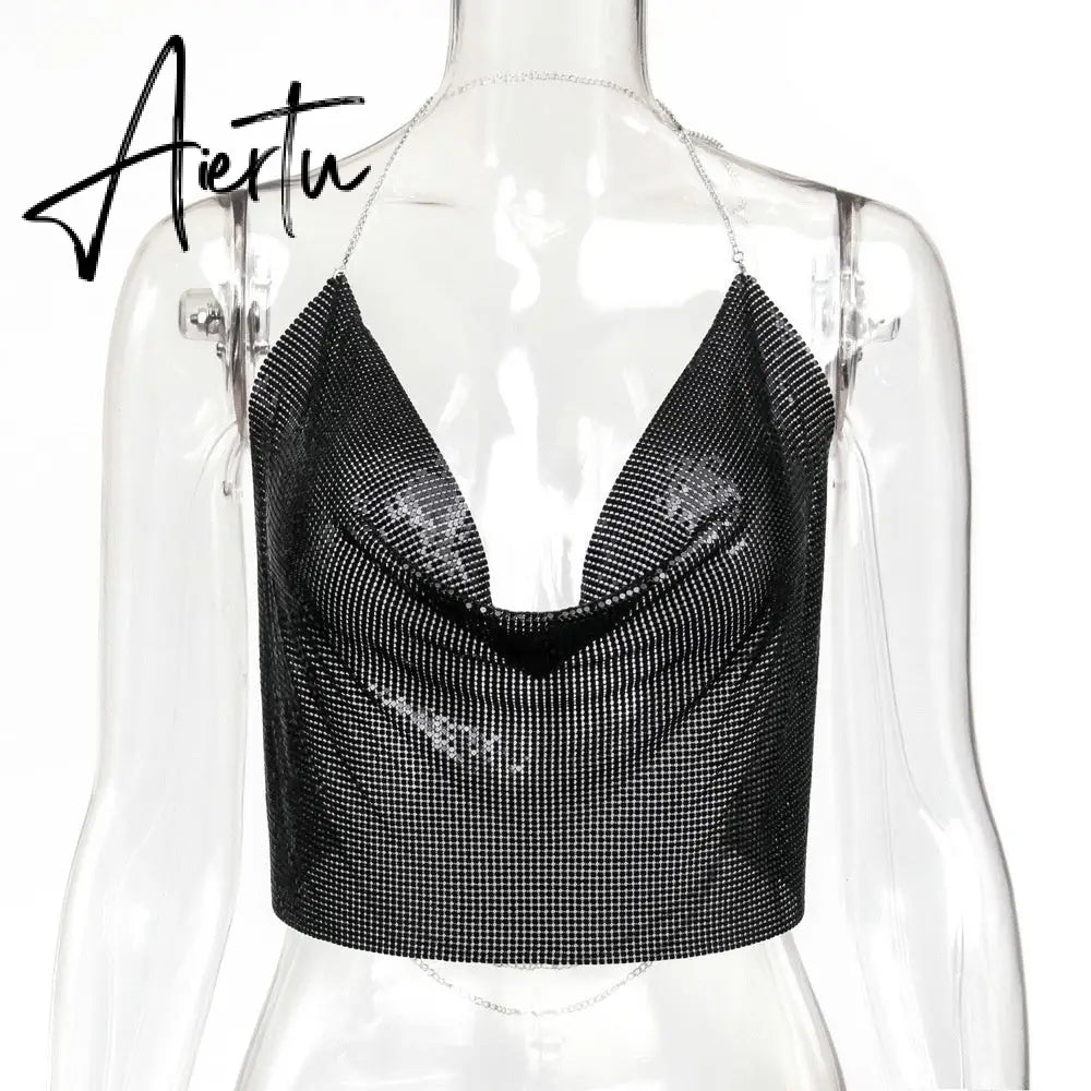 Fantoye Sexy Backless Nightclub Halter Women Camis Tops Gold Metal Chain Fashion Camis Tops Ladies Autumn Skinny Party Clubwear Aiertu