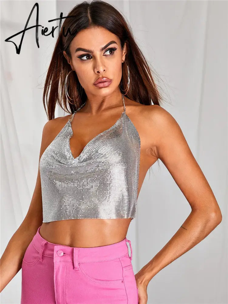 Fantoye Sexy Backless Nightclub Halter Women Camis Tops Gold Metal Chain Fashion Camis Tops Ladies Autumn Skinny Party Clubwear Aiertu