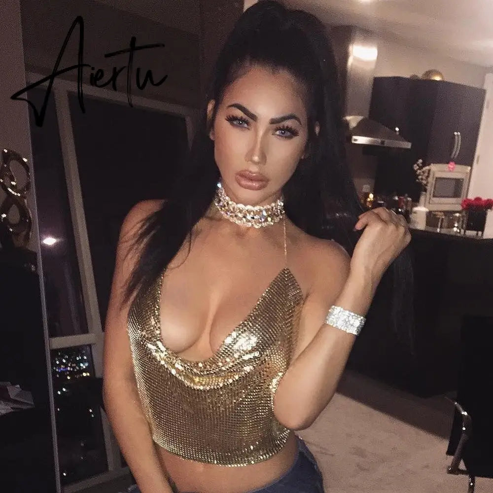 Fantoye Sexy Backless Nightclub Halter Women Camis Tops Gold Metal Chain Fashion Camis Tops Ladies Autumn Skinny Party Clubwear Aiertu