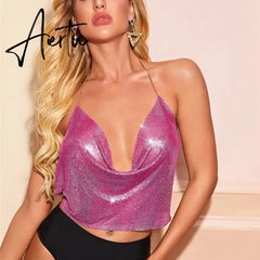 Fantoye Sexy Backless Nightclub Halter Women Camis Tops Gold Metal Chain Fashion Camis Tops Ladies Autumn Skinny Party Clubwear Aiertu