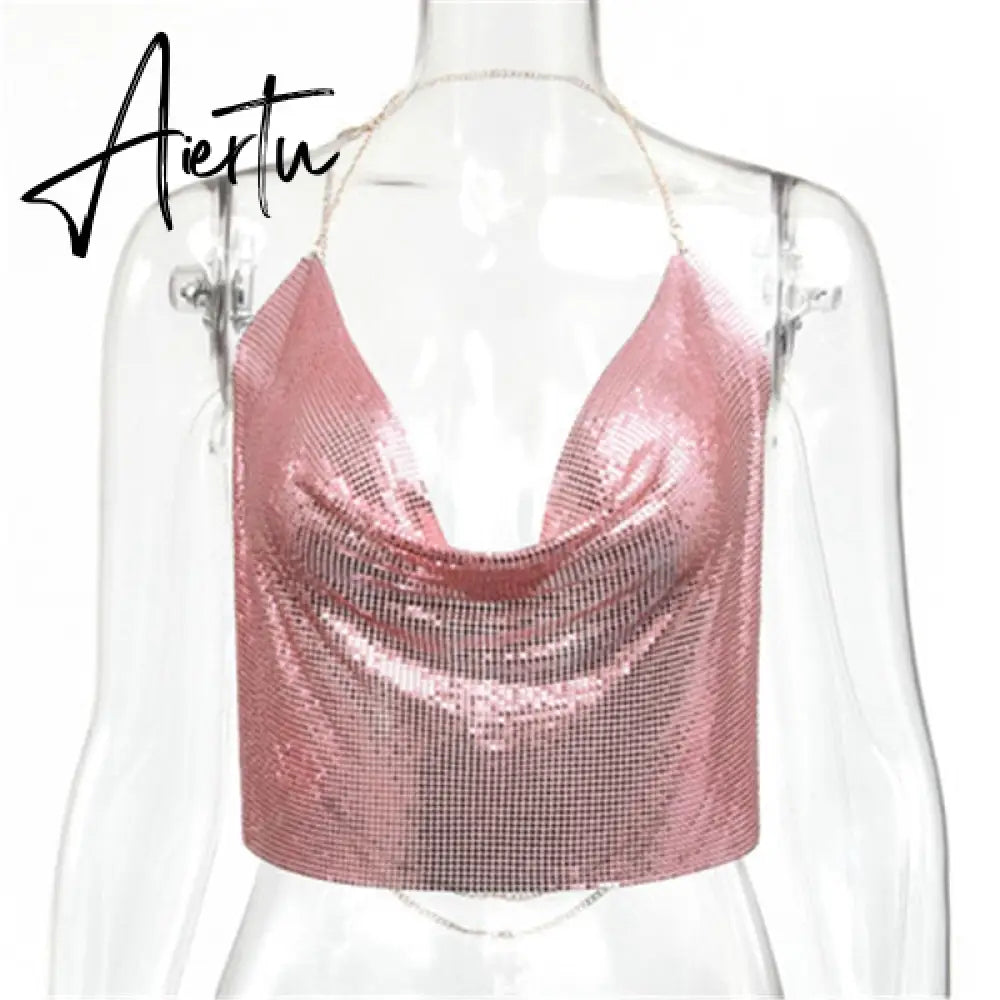 Fantoye Sexy Backless Nightclub Halter Women Camis Tops Gold Metal Chain Fashion Camis Tops Ladies Autumn Skinny Party Clubwear Aiertu