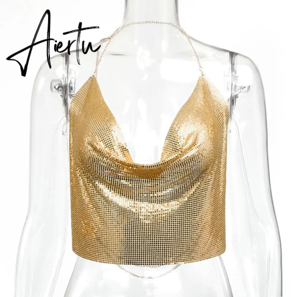 Fantoye Sexy Backless Nightclub Halter Women Camis Tops Gold Metal Chain Fashion Camis Tops Ladies Autumn Skinny Party Clubwear Aiertu