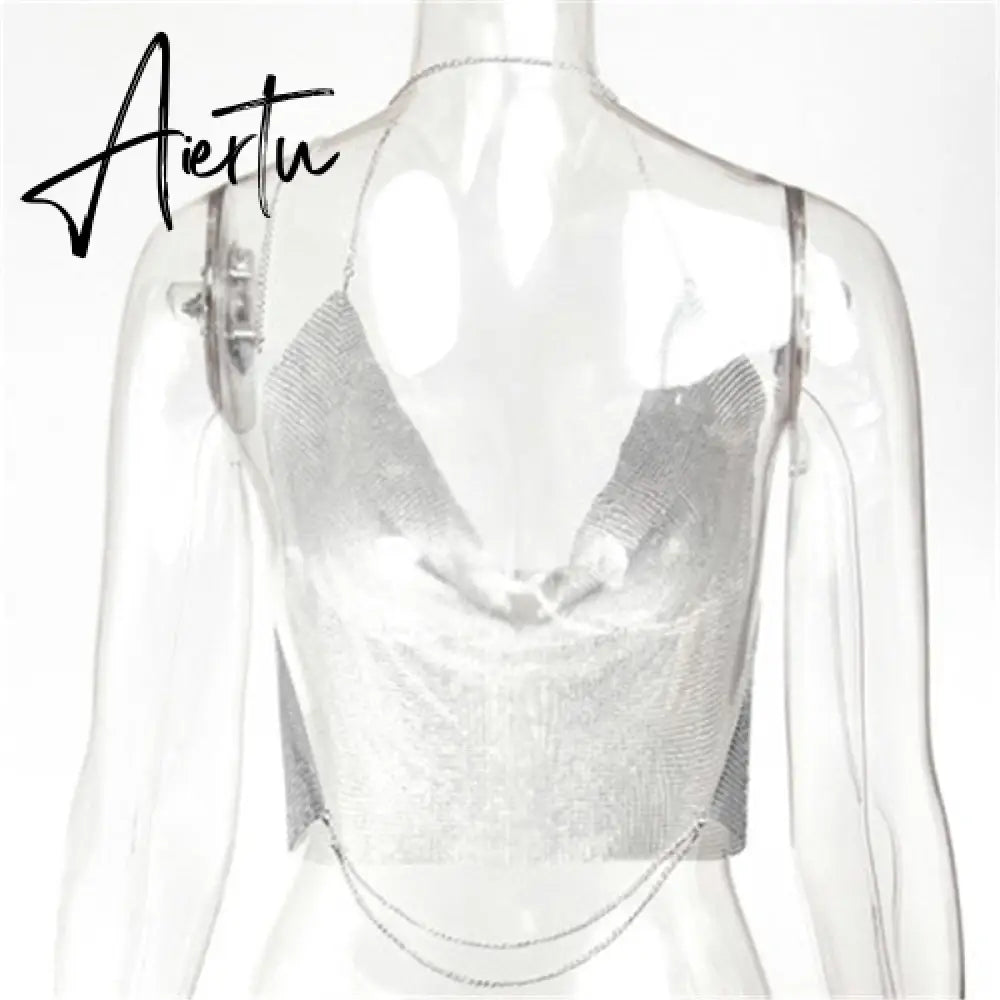 Fantoye Sexy Backless Nightclub Halter Women Camis Tops Gold Metal Chain Fashion Camis Tops Ladies Autumn Skinny Party Clubwear Aiertu