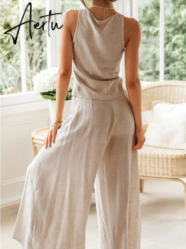 Fashion 2 Pcs Outfits Pants Sleeveless Summer Crop Top Pants Suit Lady Solid Wide Leg Shirring Casual Beach Set Aiertu