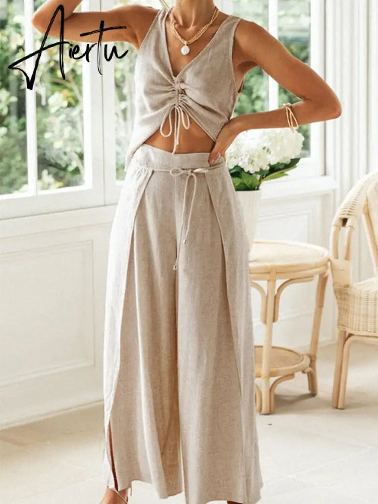 Fashion 2 Pcs Outfits Pants Sleeveless Summer Crop Top Pants Suit Lady Solid Wide Leg Shirring Casual Beach Set Aiertu