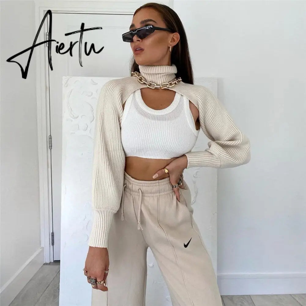 Fashion Autumn Women Female Solid Color High Collar Long Sleeve Mini Sweater Knitwear Pullover Black/Apricot Aiertu