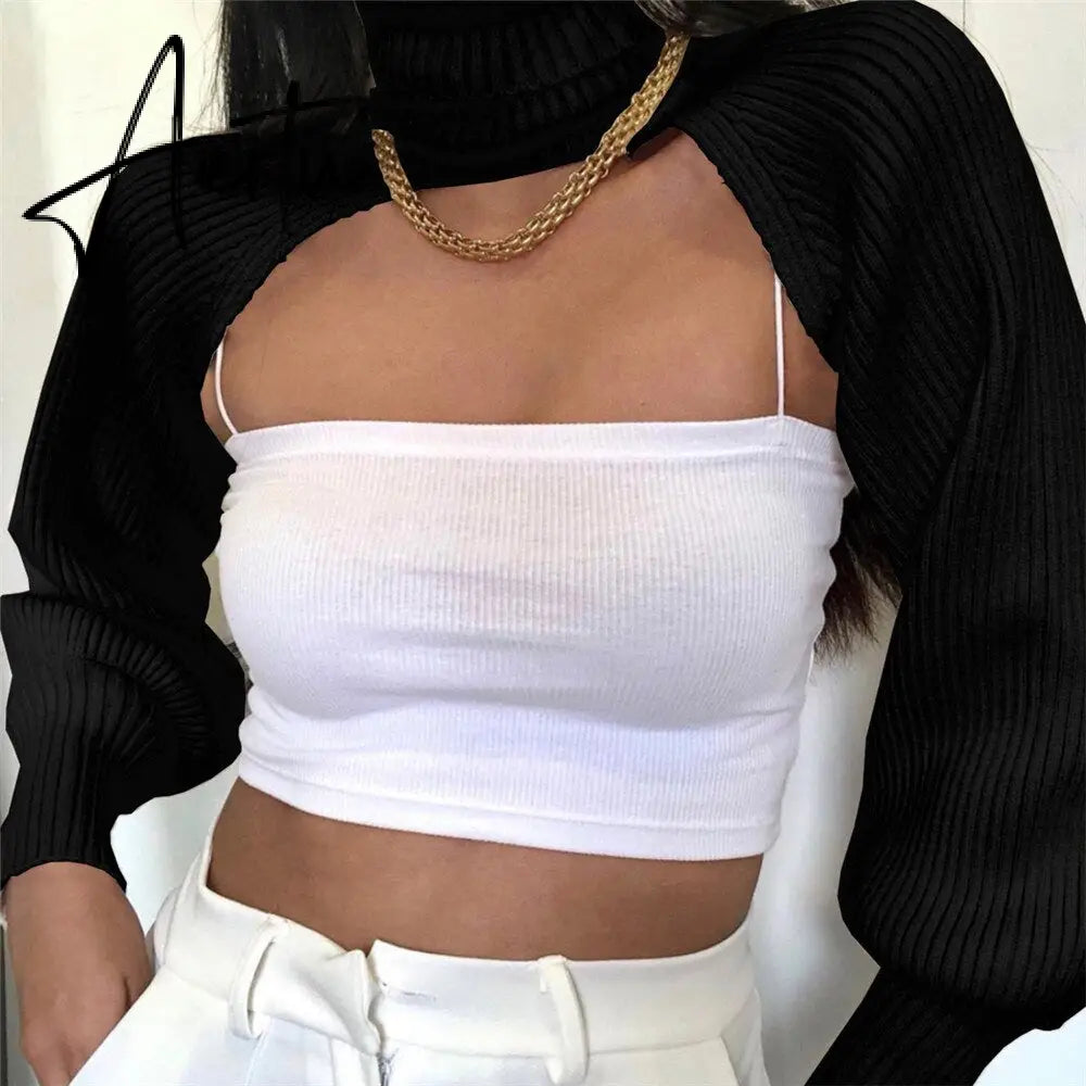 Fashion Autumn Women Female Solid Color High Collar Long Sleeve Mini Sweater Knitwear Pullover Black/Apricot Aiertu