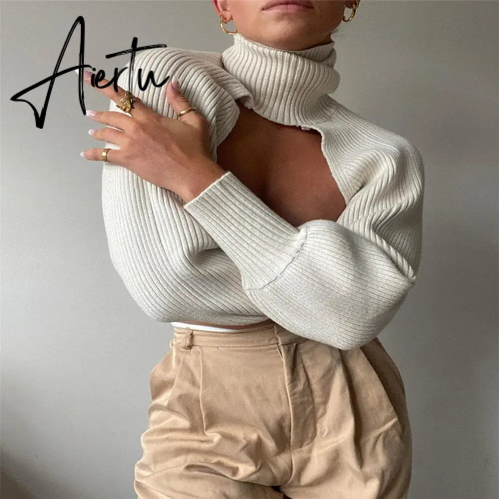 Fashion Autumn Women Female Solid Color High Collar Long Sleeve Mini Sweater Knitwear Pullover Black/Apricot Aiertu