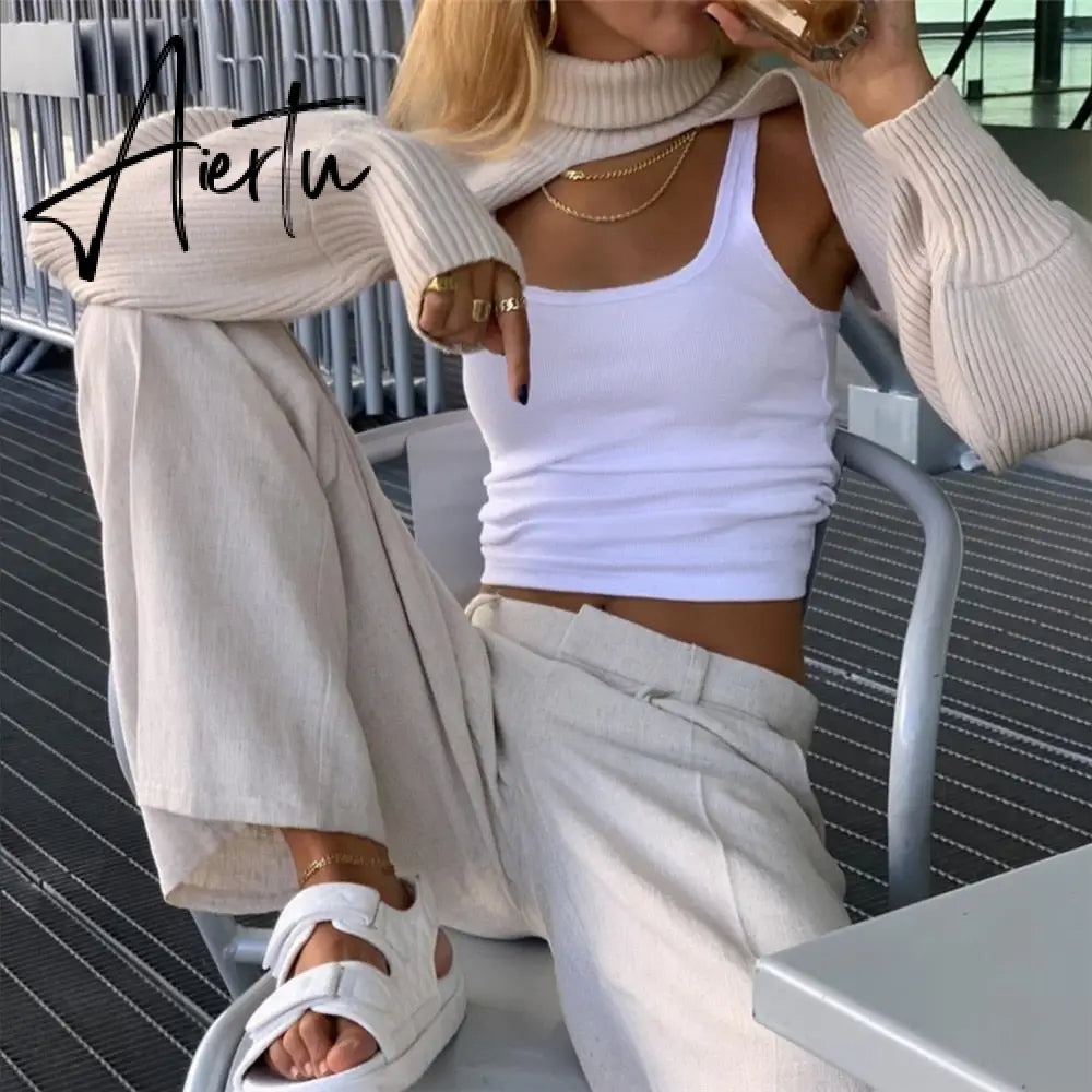 Fashion Autumn Women Female Solid Color High Collar Long Sleeve Mini Sweater Knitwear Pullover Black/Apricot Aiertu