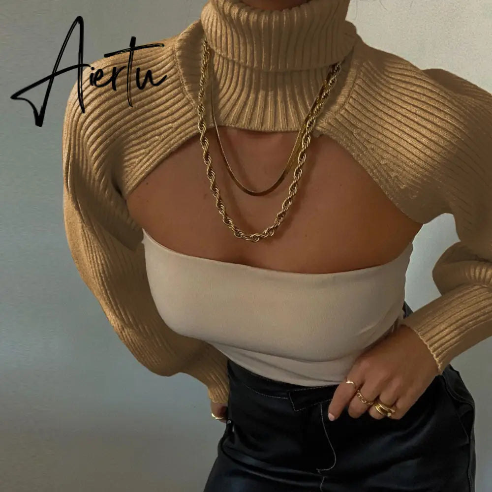 Fashion Autumn Women Female Solid Color High Collar Long Sleeve Mini Sweater Knitwear Pullover Black/Apricot Aiertu