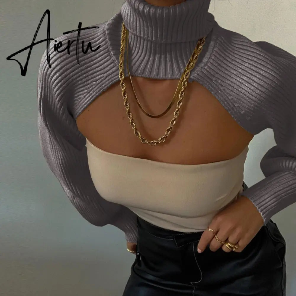 Fashion Autumn Women Female Solid Color High Collar Long Sleeve Mini Sweater Knitwear Pullover Black/Apricot Aiertu