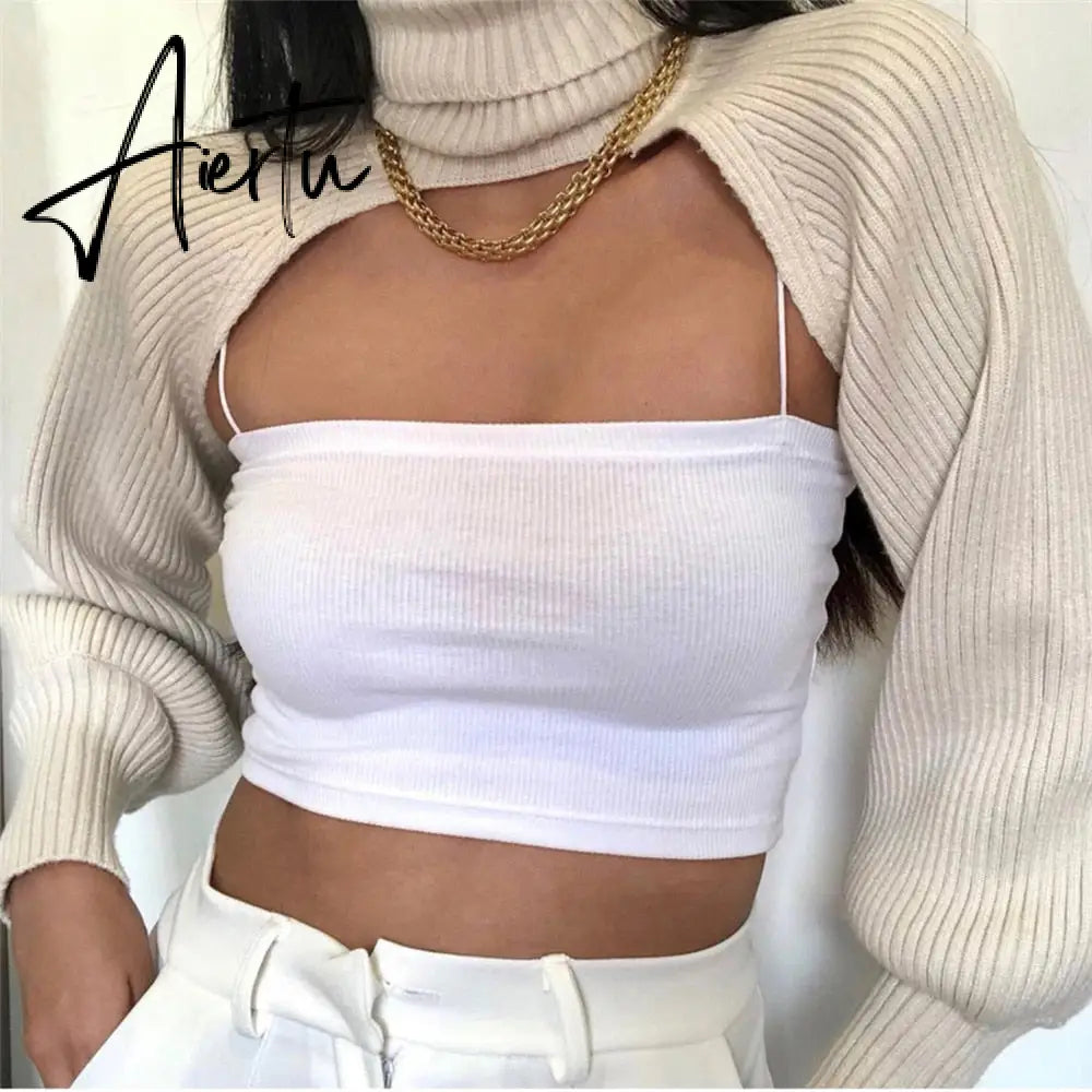 Fashion Autumn Women Female Solid Color High Collar Long Sleeve Mini Sweater Knitwear Pullover Black/Apricot Aiertu