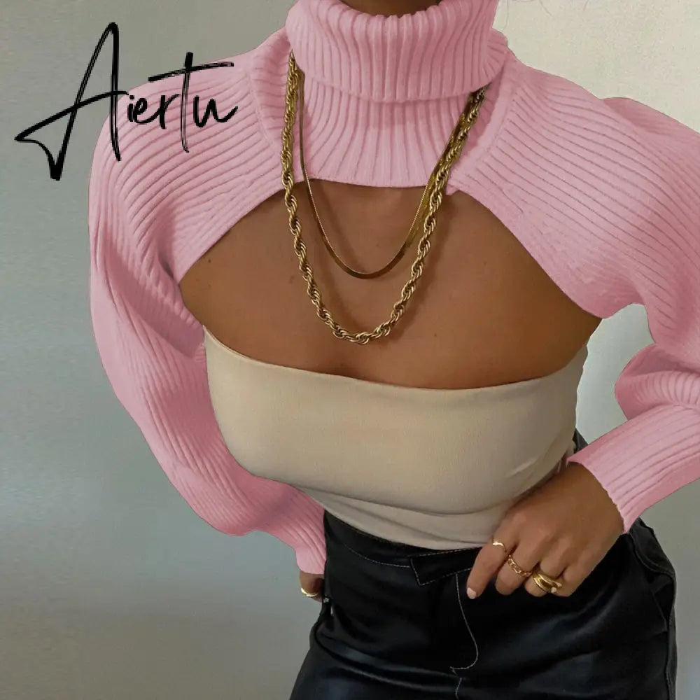 Fashion Autumn Women Female Solid Color High Collar Long Sleeve Mini Sweater Knitwear Pullover Black/Apricot Aiertu