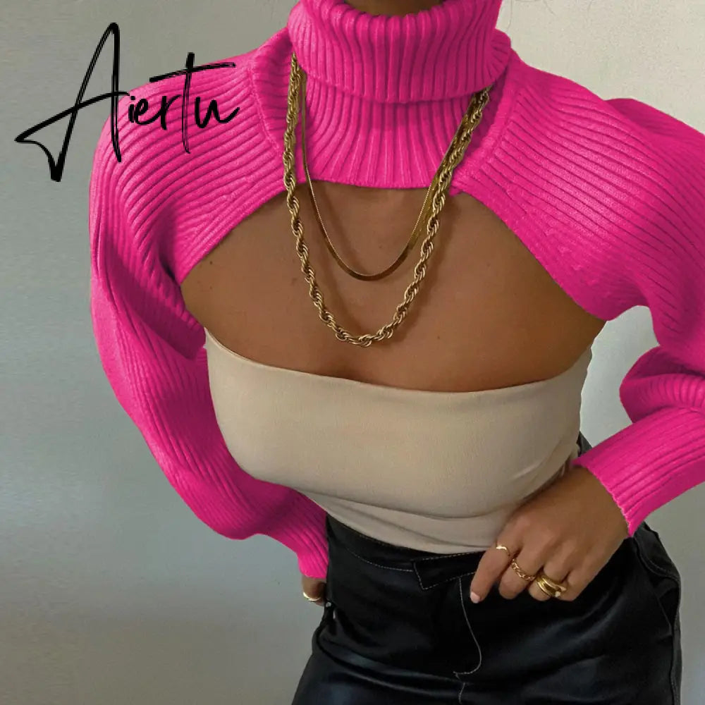 Fashion Autumn Women Female Solid Color High Collar Long Sleeve Mini Sweater Knitwear Pullover Black/Apricot Aiertu