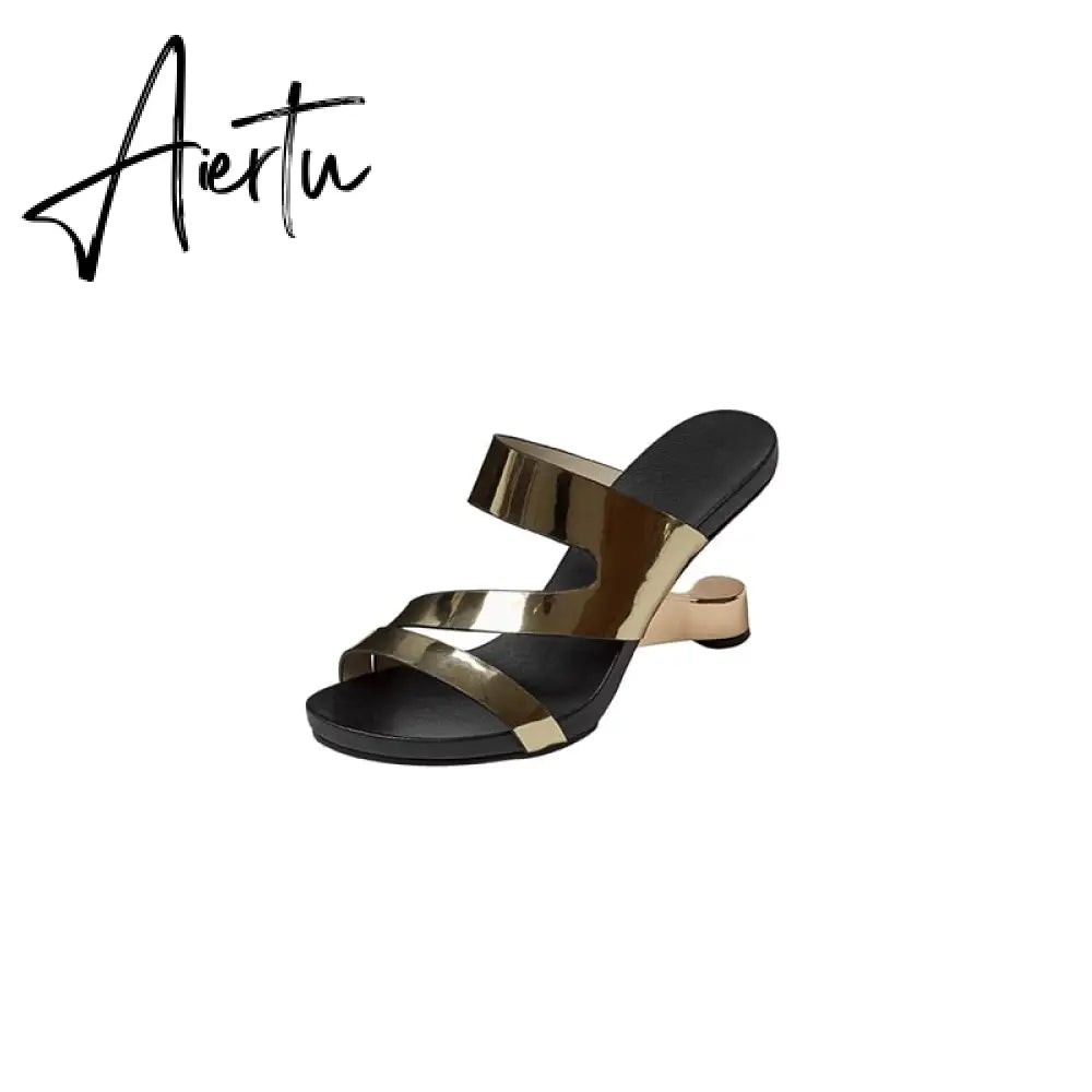 Fashion Brand Genuine Leather Open Toe Slippers Ladies Strange Style High Heels Slides Summer Outdoor Sandals Ladies Shoes Aiertu