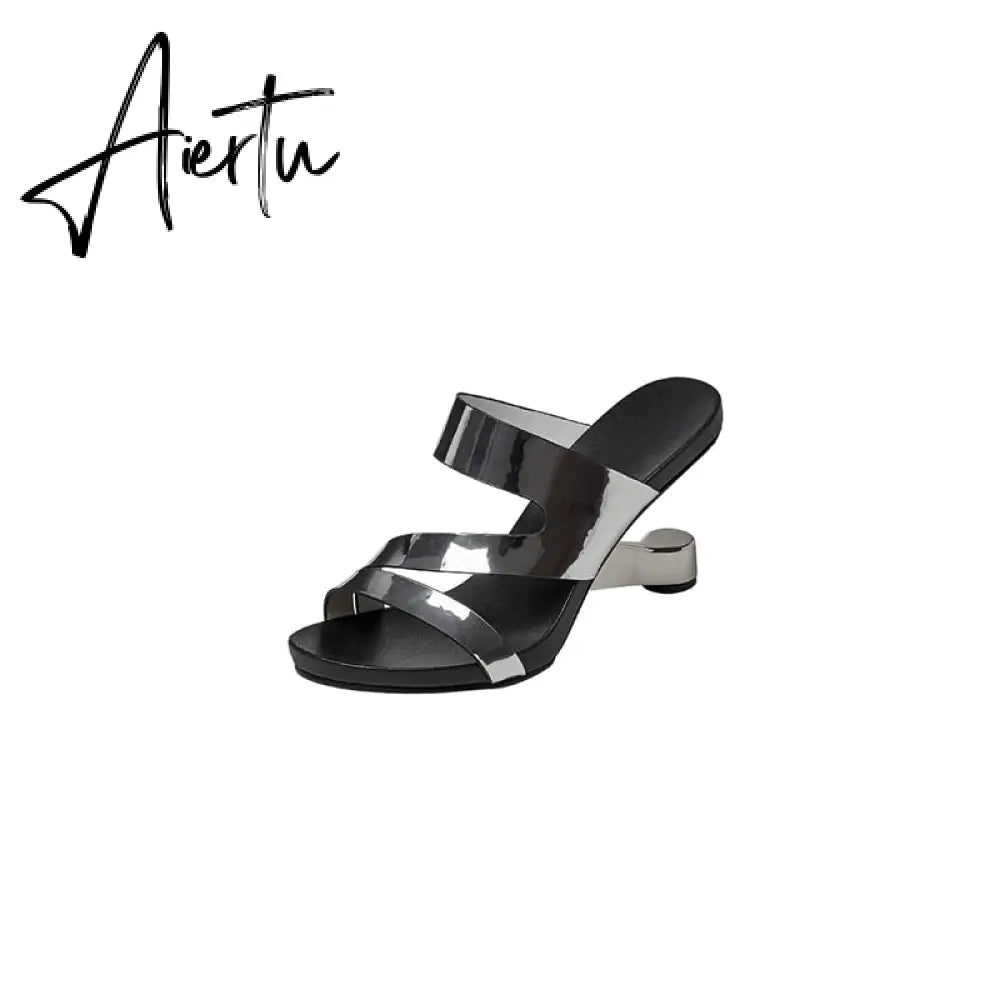 Fashion Brand Genuine Leather Open Toe Slippers Ladies Strange Style High Heels Slides Summer Outdoor Sandals Ladies Shoes Aiertu