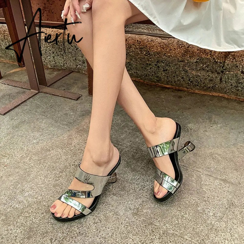 Fashion Brand Genuine Leather Open Toe Slippers Ladies Strange Style High Heels Slides Summer Outdoor Sandals Ladies Shoes Aiertu