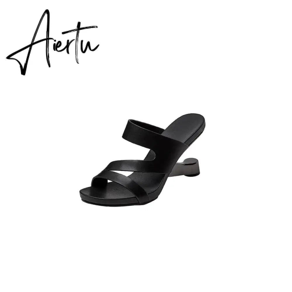 Fashion Brand Genuine Leather Open Toe Slippers Ladies Strange Style High Heels Slides Summer Outdoor Sandals Ladies Shoes Aiertu