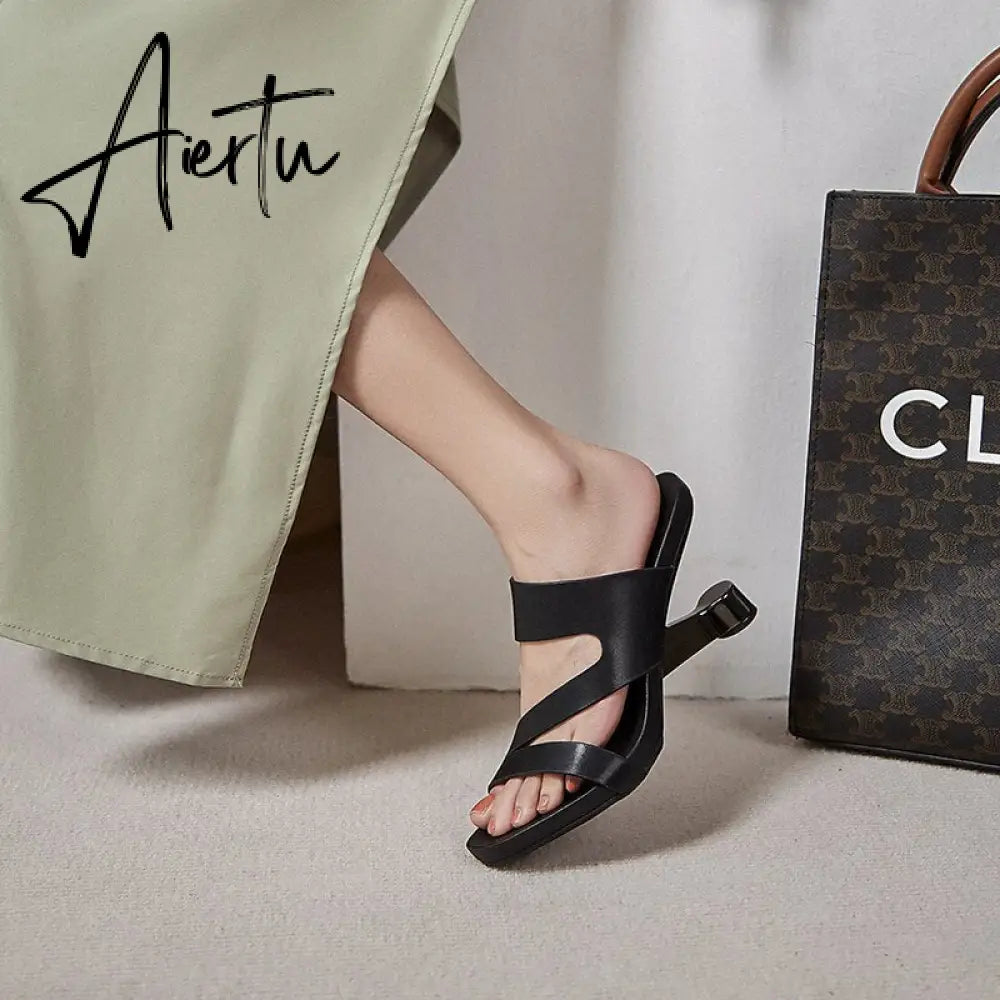Fashion Brand Genuine Leather Open Toe Slippers Ladies Strange Style High Heels Slides Summer Outdoor Sandals Ladies Shoes Aiertu