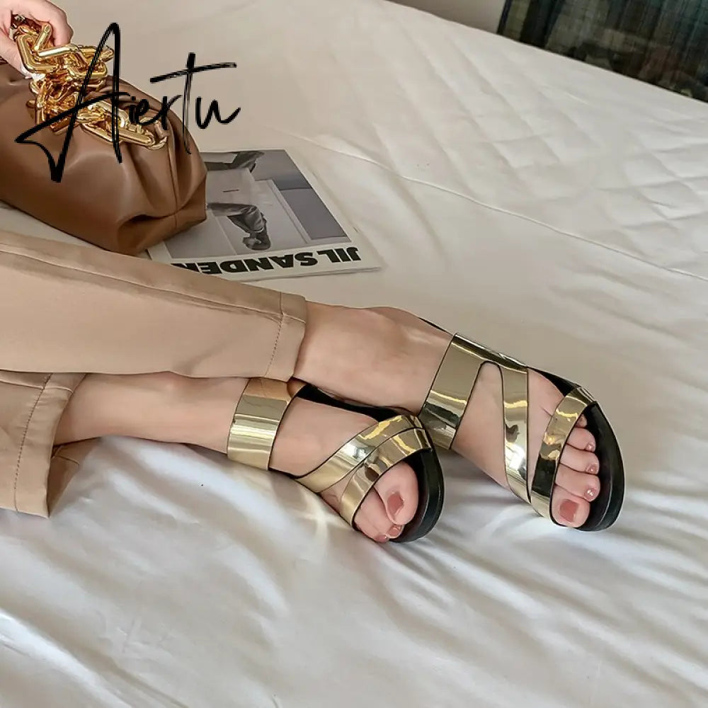 Fashion Brand Genuine Leather Open Toe Slippers Ladies Strange Style High Heels Slides Summer Outdoor Sandals Ladies Shoes Aiertu