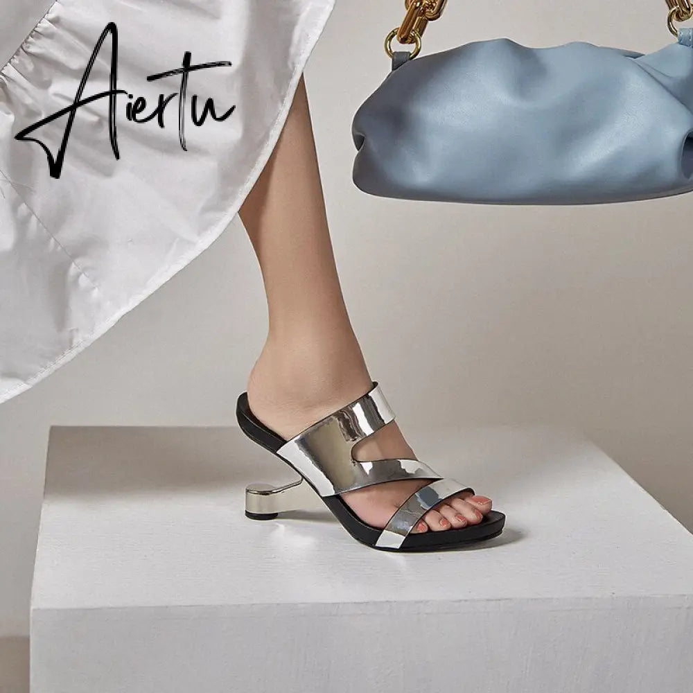 Fashion Brand Genuine Leather Open Toe Slippers Ladies Strange Style High Heels Slides Summer Outdoor Sandals Ladies Shoes Aiertu