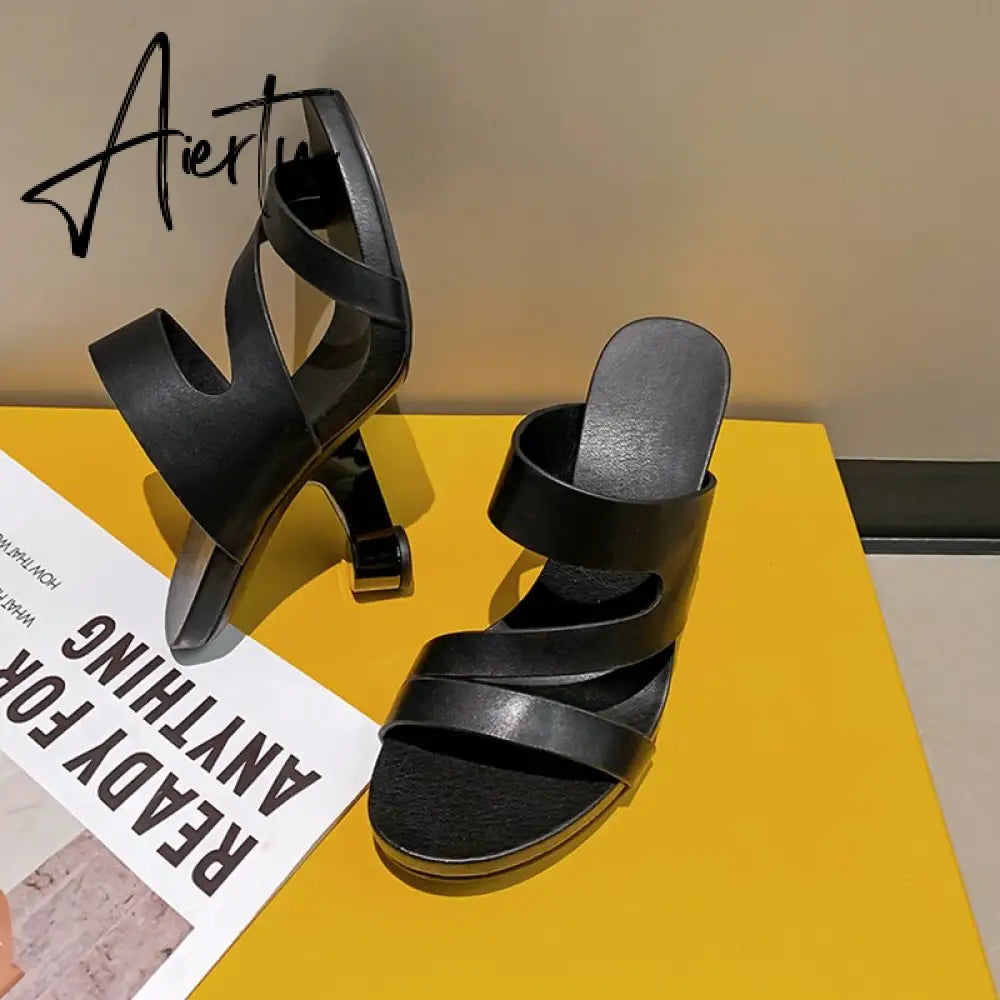 Fashion Brand Genuine Leather Open Toe Slippers Ladies Strange Style High Heels Slides Summer Outdoor Sandals Ladies Shoes Aiertu