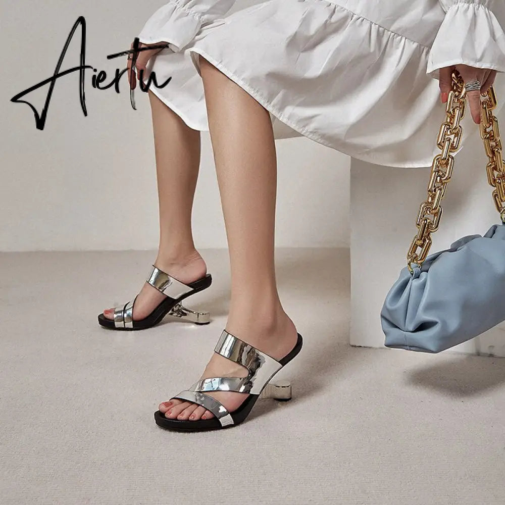 Fashion Brand Genuine Leather Open Toe Slippers Ladies Strange Style High Heels Slides Summer Outdoor Sandals Ladies Shoes Aiertu