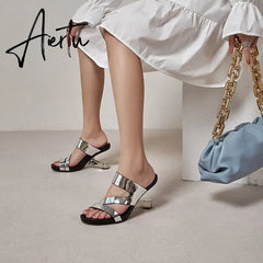Fashion Brand Genuine Leather Open Toe Slippers Ladies Strange Style High Heels Slides Summer Outdoor Sandals Ladies Shoes Aiertu