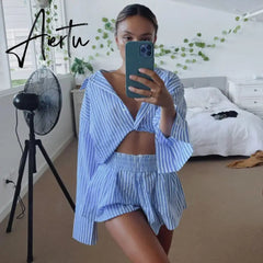Fashion Casual Striped Blouse Shirts and Shorts Matching Set Loose Shirt Sleeve Top Outfits Summer Women Set Aiertu