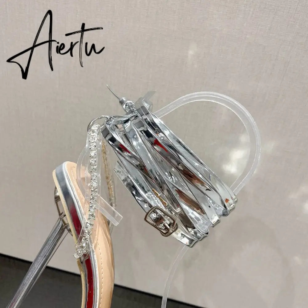 Fashion Chain Square Head Narrow Band Thin High Heel Women Rhinestones Shoes Ankle Front Rear Strap Sandals Large Size 35~41 Aiertu