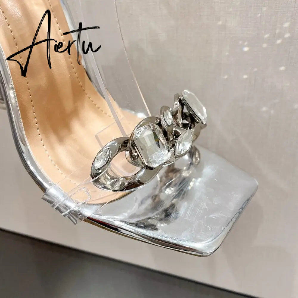 Fashion Chain Square Head Narrow Band Thin High Heel Women Rhinestones Shoes Ankle Front Rear Strap Sandals Large Size 35~41 Aiertu