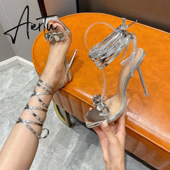 Fashion Chain Square Head Narrow Band Thin High Heel Women Rhinestones Shoes Ankle Front Rear Strap Sandals Large Size 35~41 Aiertu