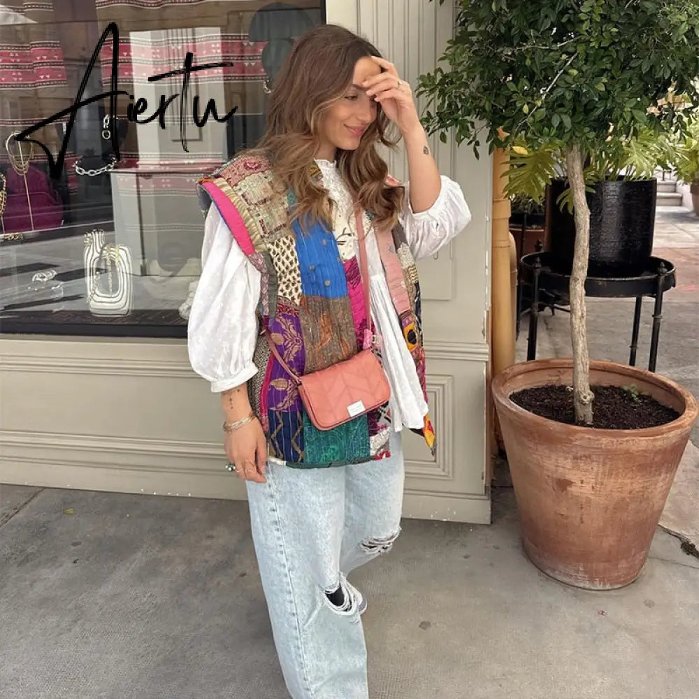 Fashion Fur Edge Emboridered Print Waistcoat Women Sleeveless Warm Thickened Jacket  Autumn Winter Lady Pink High Streetwear Aiertu