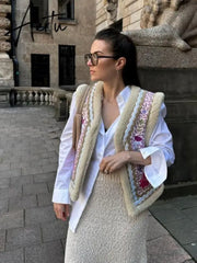 Fashion Fur Edge Emboridered Print Waistcoat Women Sleeveless Warm Thickened Jacket  Autumn Winter Lady Pink High Streetwear Aiertu