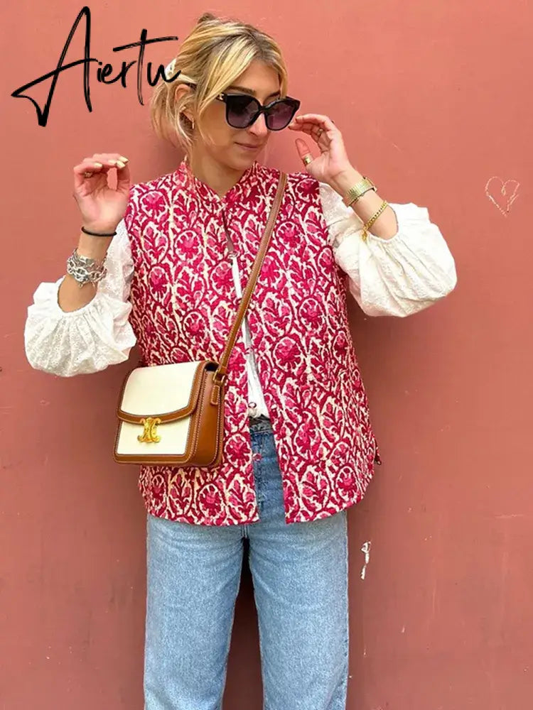 Fashion Fur Edge Emboridered Print Waistcoat Women Sleeveless Warm Thickened Jacket  Autumn Winter Lady Pink High Streetwear Aiertu