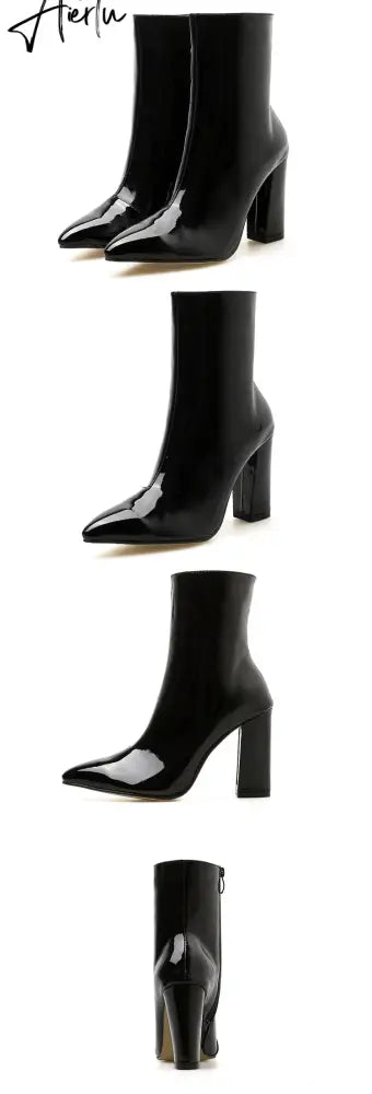 Fashion Gold Silver Patent Leather Women Ankle Boots Pointed Toe Square High Heels Shoes Chelsea Botas De Mujer Aiertu