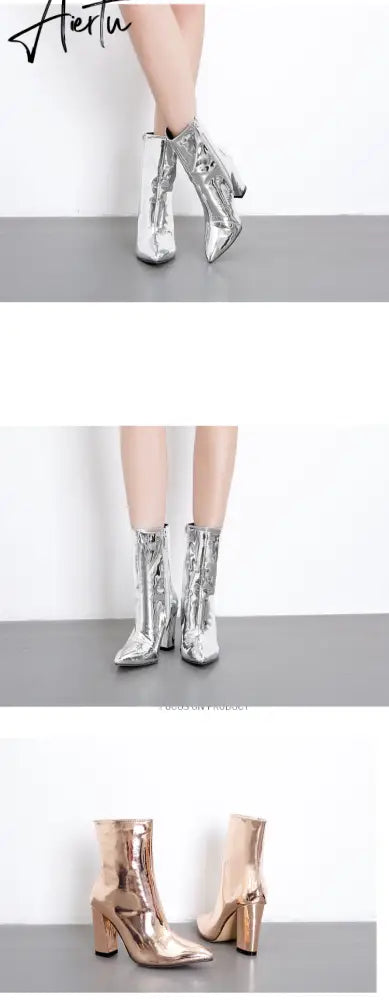 Fashion Gold Silver Patent Leather Women Ankle Boots Pointed Toe Square High Heels Shoes Chelsea Botas De Mujer Aiertu