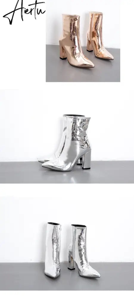 Fashion Gold Silver Patent Leather Women Ankle Boots Pointed Toe Square High Heels Shoes Chelsea Botas De Mujer Aiertu