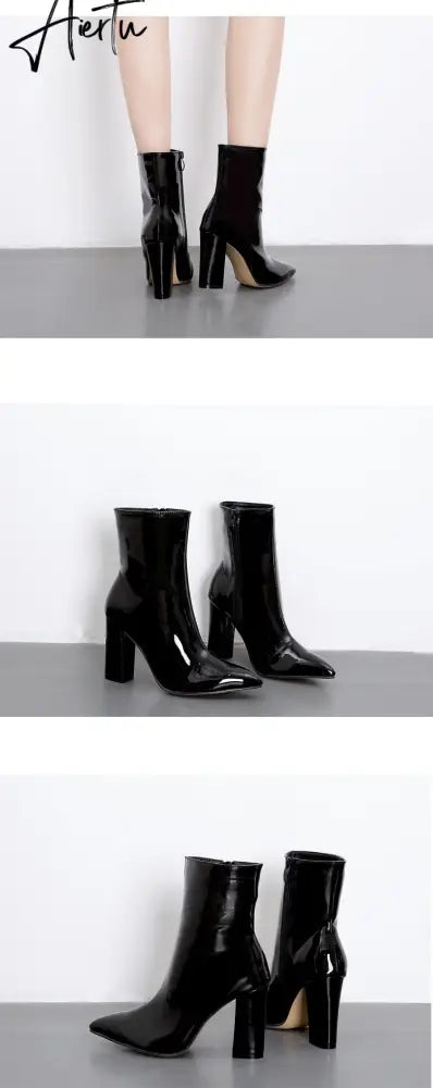 Fashion Gold Silver Patent Leather Women Ankle Boots Pointed Toe Square High Heels Shoes Chelsea Botas De Mujer Aiertu