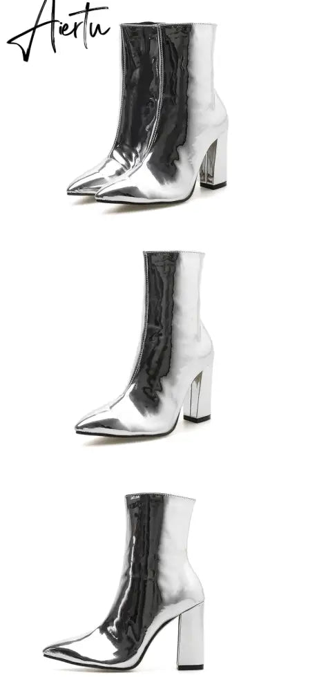Fashion Gold Silver Patent Leather Women Ankle Boots Pointed Toe Square High Heels Shoes Chelsea Botas De Mujer Aiertu
