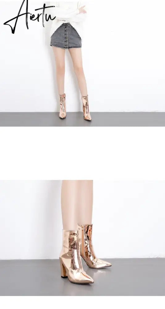 Fashion Gold Silver Patent Leather Women Ankle Boots Pointed Toe Square High Heels Shoes Chelsea Botas De Mujer Aiertu