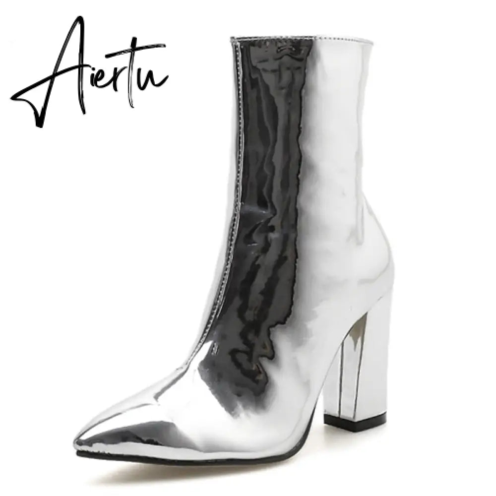 Fashion Gold Silver Patent Leather Women Ankle Boots Pointed Toe Square High Heels Shoes Chelsea Botas De Mujer Aiertu